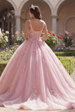 Vestido de baile de quinceañera con tirantes finos rosas, corsé con apliques, vestido de corte
