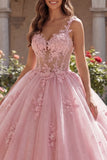 Vestido de baile de quinceañera con tirantes finos rosas, corsé con apliques, vestido de corte