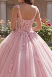 Vestido de baile de quinceañera con tirantes finos rosas, corsé con apliques, vestido de corte