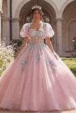 Vestido de gala de quinceañera con corsé rosa con apliques, mangas abullonadas