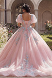 Vestido de gala de quinceañera con corsé rosa con apliques, mangas abullonadas