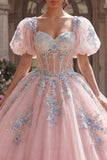 Vestido de gala de quinceañera con corsé rosa con apliques, mangas abullonadas