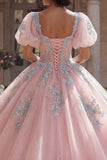 Vestido de gala de quinceañera con corsé rosa con apliques, mangas abullonadas