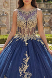Corsé azul marino con escote redondo y vestido de gala de quinceañera