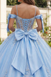 Vestido de baile azul con corsé de hombros fríos con aplicaciones de quinceañera