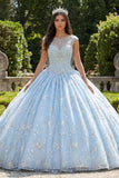Vestido de baile azul celeste con cuentas y cuello ilusión Quinceañera