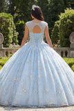 Vestido de baile azul celeste con cuentas y cuello ilusión Quinceañera