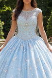 Vestido de baile azul celeste con cuentas y cuello ilusión Quinceañera