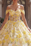 Vestido de baile amarillo corsé con hombros descubiertos y vestido de quinceañera