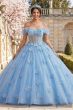 Vestido de gala con hombros descubiertos, corsé azul perlas y vestido quinceañera con flores tridimensionales