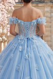 Vestido de gala con hombros descubiertos, corsé azul perlas y vestido quinceañera con flores tridimensionales