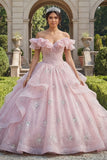 Vestido de baile rosa con purpurina y volantes descubierto con hombros
