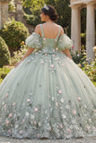 Vestido de baile verde salvia Flores 3D Princesa Quinceañera con mangas abultadas