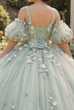 Vestido de baile verde salvia Flores 3D Princesa Quinceañera con mangas abultadas