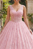 Vestido de baile rosa con purpurina Corsé de V y cuello de quinta