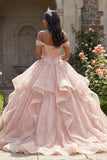 Vestido de gala rosa con purpurina al aire descubierto, vestido de quinceañera con volantes y puntinas