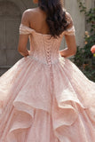 Vestido de gala rosa con purpurina al aire descubierto, vestido de quinceañera con volantes y puntinas