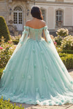 Vestido de baile verde claro con cuentas y corsé 3D flor de quinceañera con mangas capa