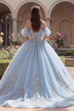 Vestido de baile azul cielo con corsé de hombros descubiertos y aplíquidos, vestido de quinceañera y mangas abullonadas