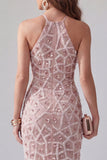 Vestido cóctel Bodycon Bodycon Filetes con Cuentas y Filetes con Filetes y Bodycon Colorete, Vestido de Cóctel Midi Halter con Volantes y Flecos