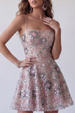 Vestido corto corto floral de lentejuelas con cuentas con brillante rubor