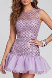 Vestido de cóctel corto corto con cuello redondo y lila brillante, con volantes