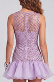 Vestido de cóctel corto corto con cuello redondo y lila brillante, con volantes