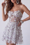 Corsé plateado brillante Línea A Tirantes finos Vestido corto corto floral con cuentas