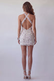 Vestido de cóctel corto ajustado con capucheras florales plateadas con cuentas abiertas