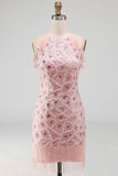 Vestido cóctel corto, con volantes y volantes y con flecos, con rubor brillante y flecos
