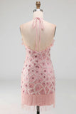 Vestido cóctel corto, con volantes y volantes y con flecos, con rubor brillante y flecos