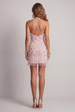 Vestido cóctel corto, con volantes y volantes y con flecos, con rubor brillante y flecos