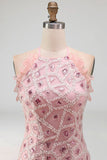 Vestido cóctel corto, con volantes y volantes y con flecos, con rubor brillante y flecos