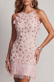 Vestido cóctel corto, con volantes y volantes y con flecos, con rubor brillante y flecos