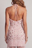 Vestido cóctel corto, con volantes y volantes y con flecos, con rubor brillante y flecos