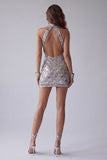 Vestido de cóctel corto ajustado, con espalda plateada y brillante con espalda abierta, con cuentas y cuentas