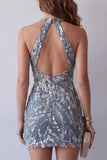 Vestido de cóctel brillante, gris azul y gris azul, ajustado y corto de cuentas