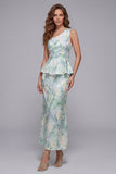 Vestido formal de sirena floral verde claro de un hombro