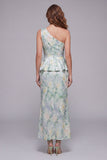 Vestido formal de sirena floral verde claro de un hombro