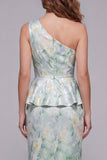 Vestido formal de sirena floral verde claro de un hombro