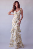 Vestido formal de sirena con volantes florales amarillo claro y tirantes finos