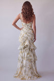 Vestido formal de sirena con volantes florales amarillo claro y tirantes finos