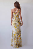 Vestido formal de sirena plisado floral amarillo claro de un hombro