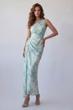 Vestido formal de sirena verde claro con flores de un solo hombro