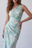 Vestido formal de sirena verde claro con flores de un solo hombro