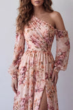 Vestido floral rosa de manga larga de una línea A con un hombro y abertura