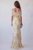 Vestido formal de sirena bordado en amarillo claro con hombros descubiertos