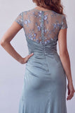 Vestido formal de manga corta con funda floral transparente gris azul