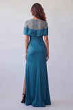 Vestido formal de sirena de satén de satén azul pavo real transparente con hombros descubiertos