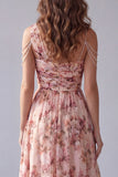 Vestido formal rosa floral línea A de un solo hombro